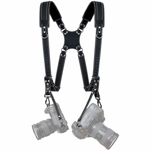 Padwa Lifestyle Mattschwarz Doppel-Kameragurt mit Polsterung für 2 Kameras - Doppelter Schultergurt aus Vollnarbenleder, verstellbarer Multikameragurt, Doppel-Kameragurt für Fotografen