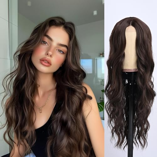 SeclitWu Lange dunkel braun Lockige Perücken für Frauen Mädchen 66 cm Lockige synthetische Hitzebeständige Faser Cosplay Kostüm Charmante Perücke für Tägliche Karneval Fasching (dunkel braun)