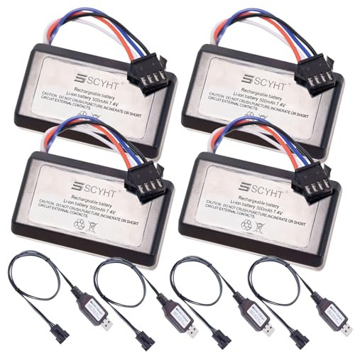 SSCYHT 7.4 Volt Li-ion Battery 7.4V 500mAh Lithium Battery 7.4V Replacement Batteries with SM-4P Plug and ABS Shell fit for Electric Water Gun RC Car,7.4V500mAh 4Pack