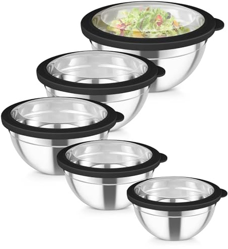 Homikit Rührschüssel 5er Set, Edelstahl Schüssel mit Deckel, Schwarz | Salatschüssel mit Transparenter Luftdichtem Deckel, Stapelbar Schüsselset, 4,6L/2,8L/1,6L/1,2L/0,7L, Spülmaschinenfest