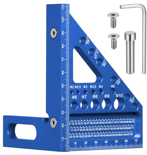 1Pc 8mm Thickened Aluminum Speed Square, 22.5-90° 3D Multi-Angle Measuring Ruler, Carpenter Square with 11 Drill Holes & Hole Saw Guide, Multifunctional Woodworking Tool Set (Blue)