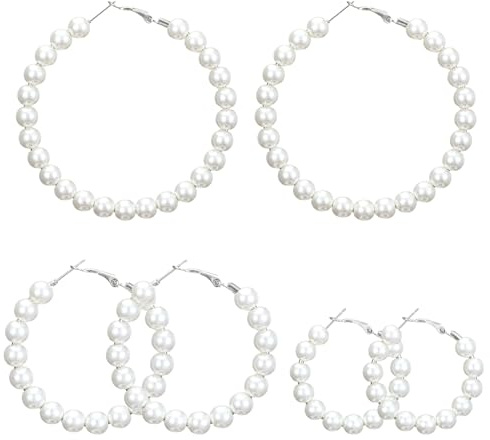 3 Paar Perlenohrringe Creolen Ohrringe mit Perlen 7.5-4.5cm - Hypoallergen Creolen mit Perlen | Hochzeit, Damen, Frauen