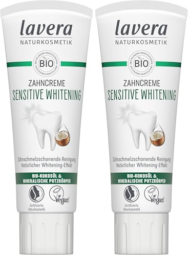 lavera Zahncreme Sensitive Whitening - 5-facher Schutz - natürliches Whitening - zahnschmelzschonend - Bambus-Cellulose-Putzkörper & Natriumfluorid - Vegan - 75 ml (Packung mit 2)