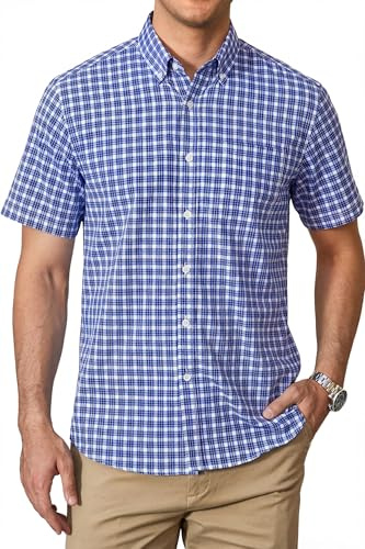 HISDERN Mens Checked Shirt Short Sleeve Casual Plaid Shirts for Mens Summer Button Down Gingham Checkered Formal Business Work Regular Fit with Pocket