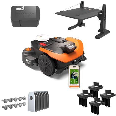 WORX Vision Cloud 2WD WR330E Robot tondeuse 3000 m² sans fil périphérique + Garage + Antivol + Brosse de roue + Lames longue durée (évitement d'obstacles IA, navigation VSLAM + RTK Cloud, Cut-to-Zero)
