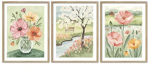 ARTFAVES® Poster Set - Flower Time Trio - 3-teilige Bildercollage Wohnzimmer, Schlafzimmer - moderne Wandbilder Blumen, Pastell, Abstrakt, Gemälde - 30x40 cm - mit Rahmen Eiche