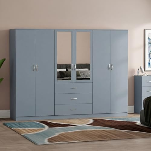 Vida Designs Riano 6 Door 3 Drawer Mirrored Wardrobe | Grey | Bedroom Furniture | 175H x 230W x 54D cm | With Storage Shelf & Hanging Rail | Large Capacity Storage