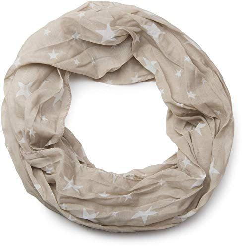 styleBREAKER seidiger Sterne Muster Loop Schlauchschal, Crash and Crinkle, Tuch, Unisex 01016093, Farbe:Khaki-Weiß
