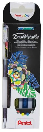 Pentel K110-4XZ Dual Metallic Hybrid Gelroller, verschiedene farb-Effekte auf Hellem/Dunklem Papier, 4er Set sortiert