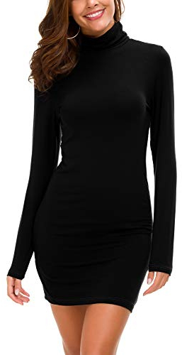 EXCHIC Women Bodycon Long Sleeve T-Shirt Dress Comfy Turtleneck Slim Fit Mini Dress , Black , L