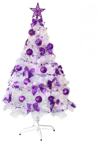Weihnachtsbaum künstlich (WBD) 150 cm Weiss mit Weihnachtsdeko lila und Led Lichterkette mit Batteriebox und Fernbedienung künstlicher Christbaum klein Tannenbaum