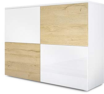 Vladon Sideboard Rova, Made in Germany, Kommode mit 4 Türen, Weiß matt/Weiß Hochglanz/Eiche Natur (92 x 72 x 35 cm)