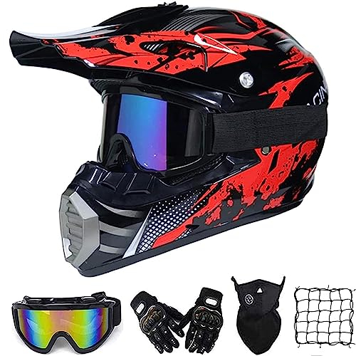 Motocross Helm Damen Rot Schwarz mit Brille/ Handschuhe/ Maske, Motorrad Crosshelm Adult Fullface-Helm Motorradhelm Enduro MTB Off Road Downhill Mountainbike BMX Bike ATV Cross-Country,M