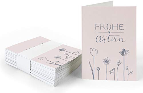 25 Geschenkanhänger - Frohe Ostern - Ostergrüße in Rosa Blau mit Blumen, originelle Mini Osterkarten zum Ostergeschenke Beschriften, edel exklusiv individuell, A7 Recyclingpapier Klappkarten