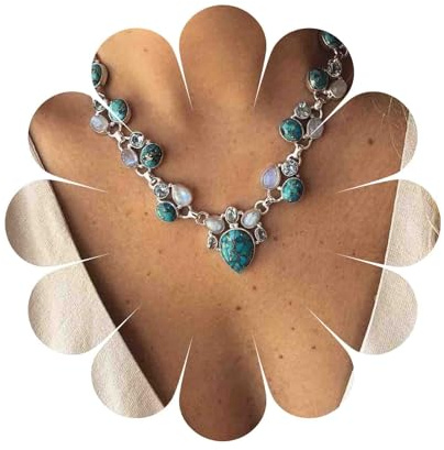 Yheakne Bohemian Necklace Turquoise Moonstone Silver Opal Teardrop Choker Necklace Vintage Necklace for Women Girls