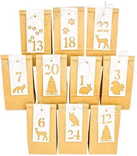 Papierdrachen DIY Adventskalender 2023 zum Befüllen - 24 braune Geschenktüten und 24 weißen Etiketten - Motiv Waldtiere - zum Basteln und Verschenken - Set 3