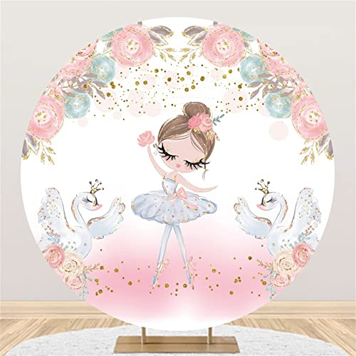 Renaiss 1.8m Ballet Chica Redondo Telón De Fondo Cisne Rosa Floral Fondo de fotografía Baby Shower decoración de Fiesta de cumpleaños Cartel de Mesa de Pastel Accesorios de Foto de poliéster