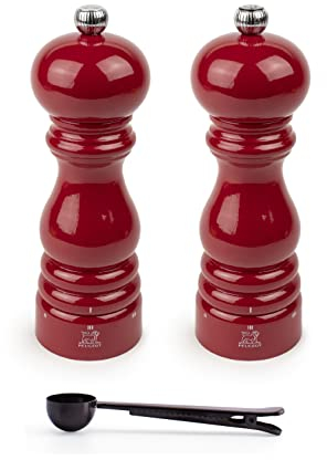 Peugeot Paris u'Select 7-inch Salt & Pepper Mills Gift Set, Passion Red - With Stainless Steel Spice Scoop/Bag Clip