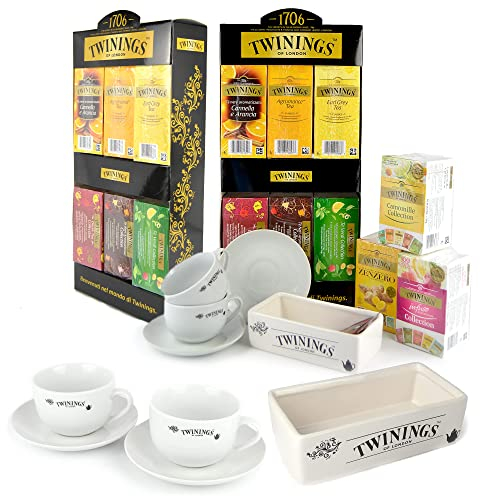 PZ 240 BUSTINE ASSORTITE DI TISANE, THE' E CAMOMILLE + 2 ESPOSITORE IN CARTONCINO + 4 TAZZE DA TE + 2 CADDY PORTA BUSTINE IN CERAMICA