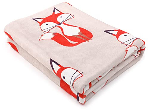 Fleece Blankets Cute Fox Pattern Queen Size Cozy Soft Blanket for Bed, Couch, Sofa, Camping,Travel,School,Office (Beige)