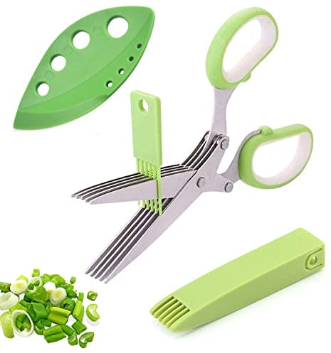 DRERIO Ciseaux à Herbes - Ciseaux à 5 Lames Polyvalents Hacher Cuisine Acier Inoxydable - Alimentaires pour Légumes, Herbe, Papier,Basilic (vert)