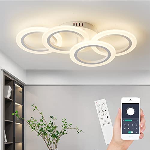 Narwhal LED Deckenlampe Wohnzimmer 50cm 4-Ringe Moderne Deckenleuchte mit Fernbedienung App, Mit Memory, Timer, Funktion und Nachtlicht, für Schlafzimmer, Esszimmer, Büro, Weiß