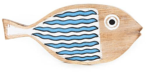 Logbuch-Verlag Großer Fisch Holz maritime Deko zum Aufhängen oder Hinstellen 49 cm als Geschenk blau weiß natur