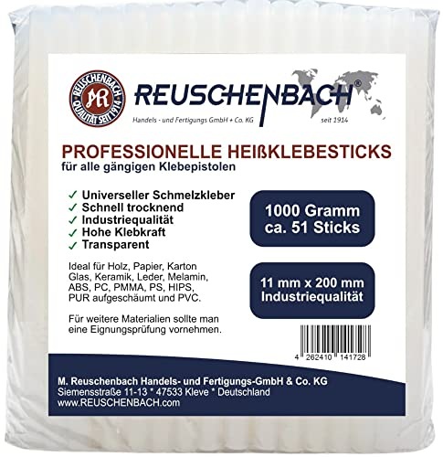 REUSCHENBACH Professionelle Klebesticks Ø11 x 200 mm, Heißklebe-Patronen, ca. 51 Klebestifte, Heißkleber für Heißklebepistolen (1 kg)