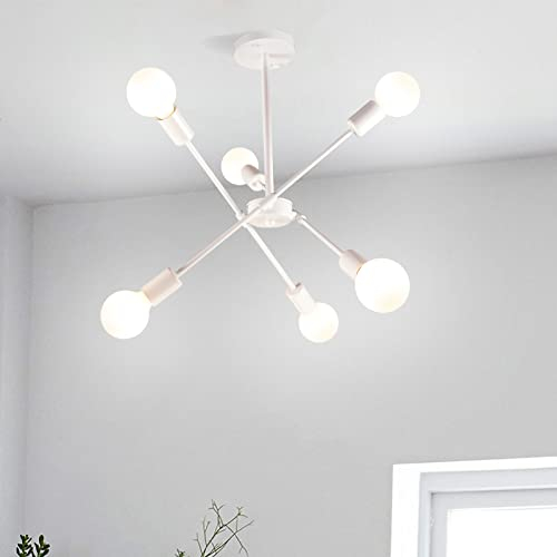 iDEGU Moderne Deckenlampe, 6-Flammig Kronleuchter aus Eisen LED Deckenleuchte mit E27 Fassung Retro Verstellbar Deckenbeleuchtung für Wohnzimmer, Schlafzimmer, Esszimmer, Küche (Weiß)