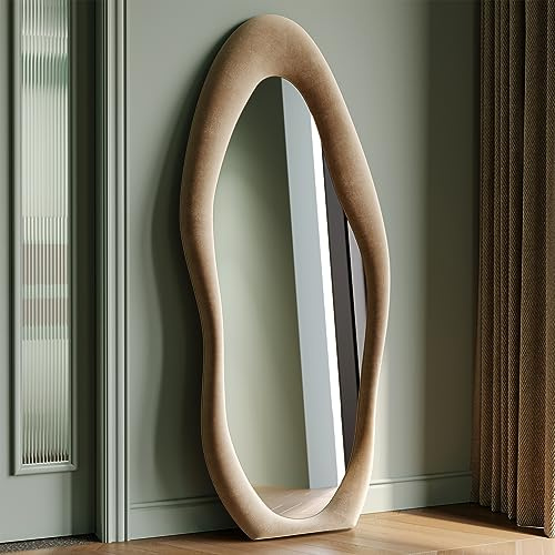 Honyee Full Length Mirror, 63 x 24 Wall Mirror, Flannel Wrapped Wooden Frame Floor Mirror, Irregular Wavy Mirror Hanging or Leaning Against Wall for Cloakroom/Bedroom/Living Room, Milk Tea