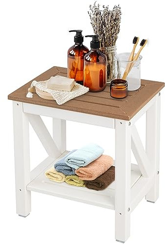 HOMASIS Badhocker mit Ablage, Duschbank bis 150 kg belastbar, wasserdichter Duschhocker Mehrzweck-Duschsitz aus HDPE mit Anti-Rutsch-Füßpolster, für Wohnzimmer Flur Weiß & Braun (43 x 32 x 47 cm)