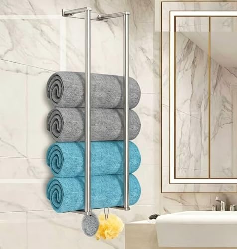 Bathroom Towel Rack for Rolled Towels, Wall Mounted Towel Storage Rack for Bathroom Organization, Stainless Steel Towel Storage Holder Can Holds Up to 6 Large Bath Towels (Silver)