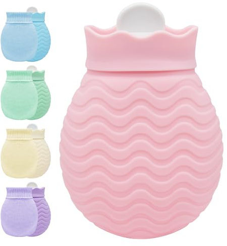 Hot Water Bottle with Knitted Cover, 320ml Small Hot Water Bag for Pain Relief, Back, Neck and Shoulders, Mini Hot Water Bottle with Removable and Washable Soft Cover, Best Gift for Women, Kids, Girls