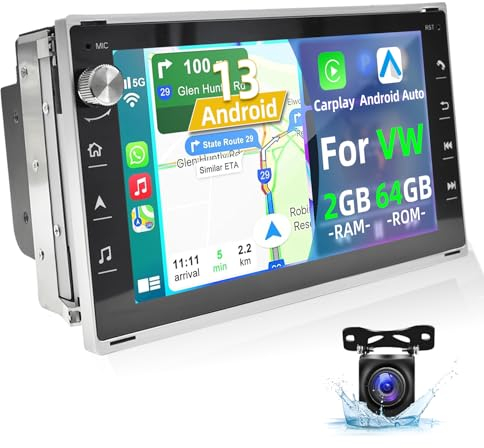 Nhopeew 2+64G Android Car Stereo für VW Bora Polo Passat MK5 Golf Transporte mit CarPlay Android Auto - 7 Zoll 2.5D HD -uchscreen Radio-WiFi HiFi GPS Blue-oth + Backup Kamera & Mic