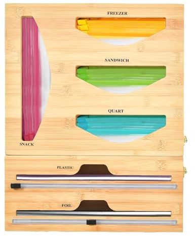 Home Republic Bamboo 6-in-1 Organizer for Drawer or Wall-Mountable Ziplock Bags, Foil, and Plastic Wrap, Dispenser with Cutter, Compatible with Gallon, Quart, Snack, and Sandwich Bags