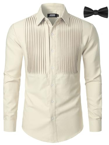 JOGAL Men's Pleated Tuxedo Shirt Waffle Button Down Long Sleeve Formal Dress Shirts with Bow Tie Champagne Small