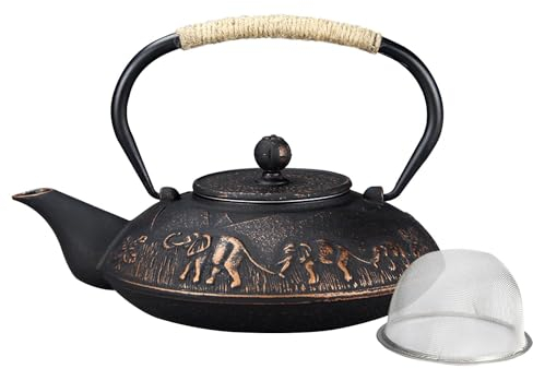 KorsiKato Teekanne aus Gusseisen, 1100 ml, Teekessel mit Teesieb für lose Blätter und Teebeutel, Teekanne beschichtet mit emaillierter Innenseite (Farbe: Gold)