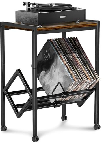 Fubiaofei Record Player Stand - Vinyl Record Storage Cabinet with 2-Tier Storage for 80-100 LP, Metal Turntable Stand with Wheels