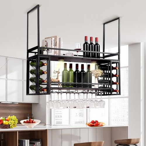 Portabottiglie da Soffitto, Mensola a Soffitto Portabottiglie da vino a parete con portabicchieri, portabottiglie da vino industriale a 2 strati, per Home Bar Sala da pranzo Cucina (Black, 120CM)