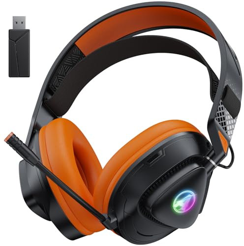 Awinnasey PH3 Wireless Gaming Headset with Microphone, 2.4GHz Wireless Headphones for PS5, PS4, Switch, PC, Headset for Gaming, Low Latency, Cool LED, 50Hrs Battery, Lightweight, Black Orange