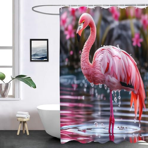 FABTOP Rideau de douche flamant rose 180 x 180 cm, rideau de douche flamant rose 180 x 200 cm, textile 120 x 200 cm, flamant rose, feuilles tropicales, rideaux de douche flamant rose (6,180 x 180 cm)