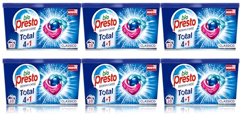 Bio Presto Power Caps Classico, Detersivo Lavatrice Predosato In Capsule, 6 Confezioni Da 18 pezzi, totale Lavaggi 108