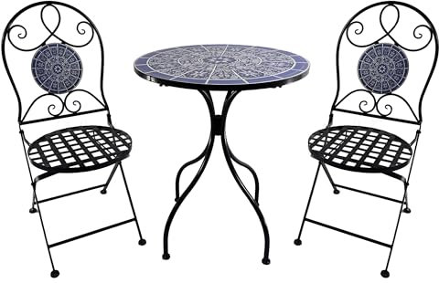 BrackenStyle Metal Mosaic Folding Bistro Garden Set - 60cm Round Table and 2 Foldable Chairs Outdoor/Indoor Patio Seating (Purple & White, 3 Piece)