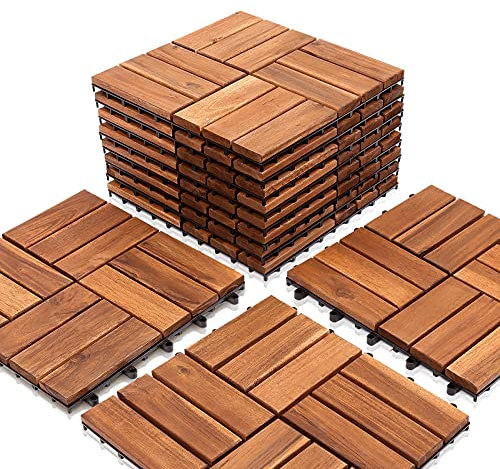 Eulenke Holzfliesen Terrassenfliesen aus Akazien Holz, 4m², 44 Stück Gartenfliesen 30 x 30 cm, Klickfliesen Terrassenfliese 12 Latten Fliese für Garten, Terrasse, Balkon