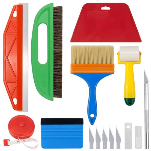 Mumjooyi Kit per Carta da Parati Kit Stesura Carta da Parati con Guanti Pennellino Raschietto per Pellicole Taglierino di Precisione e Lame per Tutti i Tipi di Carta da Parati