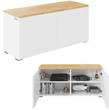 PLATAN ROOM TV lowboard/sideboard 90 cm wide with push-to-open function Wall cabinet TV chest of drawers hanging or standing in high gloss or matt (Oak Matt/White Matt, 90 x 35 x 44 cm)