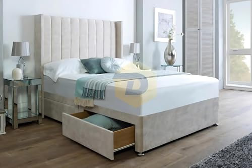 DECORE4U LTD - Milan Plush 5FT King Size Bed | Divan Bed Frame with 10’’ Mattress and 48’’ Floorstanding Wingback Vertical Line Headboard | Room Decor Bed Set with 2 Storage Drawers