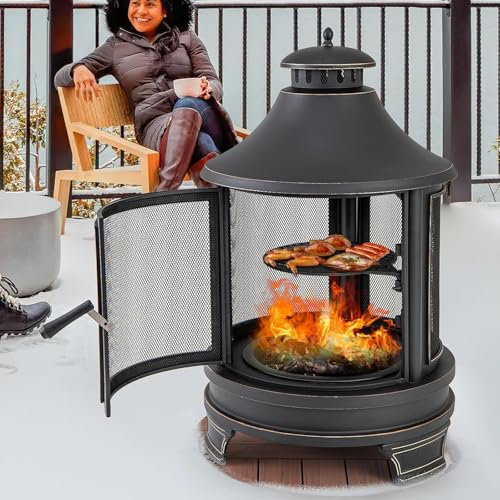 Naturalpowev 2 in 1 Outdoor Fire Pit with Grill, Metal Chiminea with Chimney, Spark Screen Door & Fire Poker, Patio Firepit for Camping, Garden, Backyard, BBQ, Bonfire