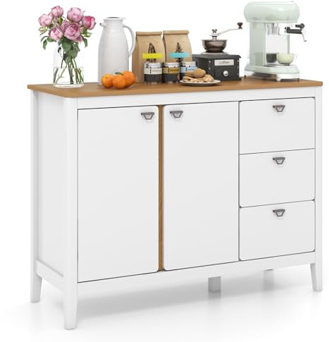 TANGZON Buffet Sideboard, Wooden Kitchen Storage Cabinet with 2 Doors, 3 Drawers, Adjustable Shelf & 5 Legs, Wooden Cupboard Organiser for Dining Living Room Hallway (2 Doors, 3 Drawers)