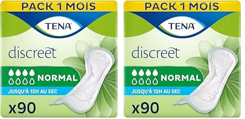 TENA Discreet Normal - Serviettes Incontinence Femme - Post-Accouchement - Protections Absorbantes pour Fuites Urinaires Modérées - 90 Serviettes (Pack 1 Mois) (Lot de 2)